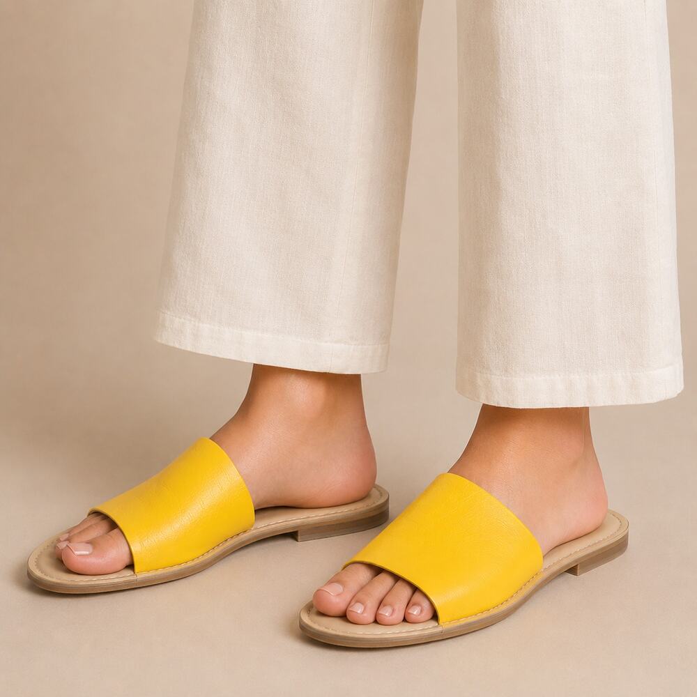 JustFab Bea Flat Slide Sandals Womens 7 Yellow Wide Strap Summer Casual Comfort